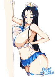 Rule 34 | 1girl, black hair, blue eyes, blue skirt, breast press, breasts, closed mouth, dated, gloves, hand on own hip, hand on wall, hat, highleg, highleg panties, highres, huge breasts, invincible dragon (last origin), last origin, long hair, looking at viewer, miniskirt, navel, panties, pleated skirt, rantia, revealing clothes, sailor collar, sailor hat, shirt, sideboob, signature, simple background, skirt, smile, solo, stomach, thighhighs, underwear, white background, white gloves, white shirt, white thighhighs