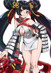 Rule 34 | 1girl, :3, absurdres, bare shoulders, black hair, blunt bangs, breasts, character request, cleavage, cleavage cutout, closed mouth, clothes writing, clothing cutout, copyright request, detached sleeves, double bun, dress, eyes visible through hair, eyeshadow, fingernails, gatling gun, gekitetsu, green eyes, green hair, hair bun, hair ornament, highres, kneehighs, knees, large breasts, long hair, long sleeves, looking at viewer, makeup, mandarin collar, minigun, mole, mole on thigh, multicolored hair, nail polish, ofuda, purple nails, red eyeshadow, red hair, short eyebrows, skindentation, smile, socks, solo, standing, streaked hair, thick eyebrows, translation request, tsurime, twintails, very long hair