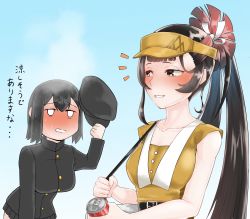 Rule 34 | 2girls, absurdres, akitsu maru (kancolle), akitsu maru kai (kancolle), black eyes, black hair, black headwear, black jacket, black skirt, breasts, furaggu (frag 0416), gradient hair, hat, highres, holding, holding clothes, holding hat, jacket, kantai collection, large breasts, long hair, long sleeves, microskirt, military, military uniform, multicolored hair, multiple girls, official alternate costume, official alternate hairstyle, one-piece swimsuit, peaked cap, pleated skirt, ponytail, red hair, short hair, skirt, small breasts, sweat, swimsuit, translation request, uniform, unworn hat, unworn headwear, visor cap, yamashio maru (kancolle), yellow one-piece swimsuit