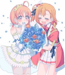 Rule 34 | 2girls, ^ ^, ahoge, bokura no live kimi to no life, bouquet, braid, closed eyes, covering own mouth, cream (nipakupa), dress, flower, hand over own mouth, holding, holding bouquet, in-franchise crossover, inami anju, kosaka honoka, love live!, love live! school idol project, love live! sunshine!!, multiple girls, nitta emi, see-through, side braid, simple background, smile, steepled fingers, takami chika, thank you friends!!, voice actor connection, white background