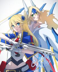 2girls absurdres back-to-back blazblue blonde_hair blue_eyes bolverk closed_mouth commentary commission crossed_bangs dual_persona dual_wielding english_commentary gloves green_eyes gun hair_between_eyes highres holding holding_gun holding_weapon long_hair looking_at_viewer midriff mu-12 multiple_girls navel necktie noel_vermillion parted_lips red_necktie smile twitter_username weapon white_background white_gloves wistwhistley