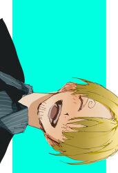 Rule 34 | 1boy, ^ ^, aqua background, black jacket, black necktie, blonde hair, blue shirt, close-up, closed eyes, commentary request, curly eyebrows, facial hair, goatee, highres, jacket, male focus, necktie, one piece, oooop jp, open mouth, sanji (one piece), shirt, short hair, smile, solo, striped clothes, striped shirt, vertical-striped clothes, vertical-striped shirt