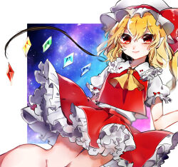 Rule 34 | 1girl, blonde hair, bow, circle skirt, closed mouth, clothes lift, collared shirt, crystal wings, feet out of frame, flandre scarlet, frilled hat, frilled shirt collar, frilled skirt, frilled sleeves, frills, hat, hat bow, highres, light blush, long hair, looking at viewer, miniskirt, mob cap, one-hour drawing challenge, outstretched arm, pleated skirt, pointy ears, puffy short sleeves, puffy sleeves, red bow, red eyes, red skirt, red vest, shirt, short sleeves, side ponytail, skirt, skirt lift, skirt set, sleeve bow, smile, solo, space, star (sky), suzune hapinesu, touhou, vest, white background, white hat, white shirt
