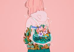 Rule 34 | 1girl, artist name, backpack, bag, facing away, flower, hood, hoodie, leaf print, medium hair, meyoco, original, pink background, pink flower, pink hair, plant, simple background, solo, upper body, water, white flower