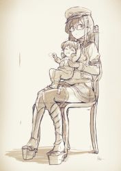 Rule 34 | 10s, 2girls, aged down, akashi (kancolle), artist name, azumi akitake, baby, beige background, chair, clog sandals, full body, glasses, gradient background, hat, hip vent, kantai collection, long hair, long sleeves, looking at viewer, monochrome, multiple girls, okobo, ooyodo (kancolle), peaked cap, puffy short sleeves, puffy sleeves, sandals, short sleeves, sitting, skirt, thighhighs