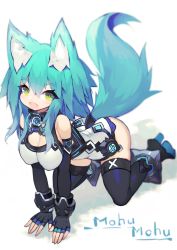 Rule 34 | 1girl, :d, all fours, animal ear fluff, animal ears, bare shoulders, black gloves, blue hair, blurry, blush, boots, breasts, cleavage, depth of field, elbow gloves, fang, fingerless gloves, fox ears, fox tail, full body, gloves, green eyes, hair between eyes, head tilt, high heels, highres, large breasts, long hair, looking at viewer, mamuru, medium breasts, open mouth, original, smile, solo, tail, thigh boots, thighhighs, white background