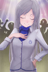 Rule 34 | 1girl, closed eyes, hand on own hip, hand on own chest, highres, idolmaster, idolmaster (classic), kisaragi chihaya, long hair, ribbed sweater, silhouette, smile, star (symbol), sweater, toro3, turtleneck, very long hair, white hair