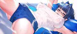 Rule 34 | 1girl, absurdres, armpits, ass, blue eyes, blue hair, blunt bangs, blush, breasts, cameltoe, covered erect nipples, glasses, highres, hololive, hololive english, large breasts, long hair, looking at viewer, mole, mole on thigh, official alternate costume, ouro kronii, ouro kronii (casual), paid reward available, pussy juice, rat huang, shorts, solo, spread legs, spread pussy under clothes, sweat, virtual youtuber, wet, wet clothes