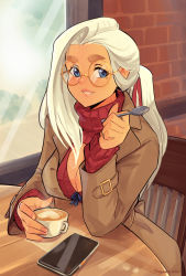 Rule 34 | 1girl, asymmetrical hair, blue eyes, breasts, brown coat, cafe, chair, cleavage, cleavage cutout, clothing cutout, coat, coffee, coffee mug, commentary, cup, english commentary, fingernails, glasses, highres, indoors, june (squeezable), large breasts, latte art, lips, long hair, looking at viewer, meme attire, mole, mole under eye, mug, nose, open-chest sweater, original, platinum blonde hair, ponytail, red sweater, ribbed sweater, round eyewear, sitting, smile, solo, spoon, squeezable (squeezabledraws), sweater, table, thick eyebrows, trench coat, turtleneck, turtleneck sweater, yellow-framed eyewear