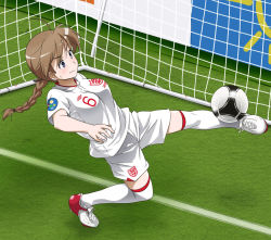 Rule 34 | 1girl, ahoge, ball, blue eyes, blush, braid, breasts, brown hair, character request, check character, cleats, clothes writing, england, euro 2012, full body, goal, john terry, kicking, kneehighs, logo, long hair, lynette bishop, multicolored footwear, net, parody, photo-referenced, playing sports, print clothes, print shirt, print shorts, red footwear, shirt, shirt writing, short sleeves, shorts, single braid, soccer, soccer ball, soccer field, soccer uniform, socks, solo, sportswear, strike witches, sweat, sweatdrop, umbro, uniform, white footwear, white shirt, white shorts, white socks, world witches series, youkan