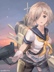 Rule 34 | 1girl, :d, bad id, bad pixiv id, black pantyhose, blue sailor collar, blush, collarbone, cowboy shot, day, gloves, green eyes, grey skirt, hair ornament, hair over one eye, hair over shoulder, hairclip, hamakaze (kancolle), highres, holding, kantai collection, looking at viewer, milli little, miniskirt, neckerchief, open mouth, outdoors, pantyhose, pleated skirt, sailor collar, shirt, short hair, short sleeves, silver hair, skirt, smile, solo, standing, twitter username, white gloves, white shirt, yellow neckerchief