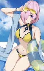 Rule 34 | 1girl, bare shoulders, bikini, blue sky, blush, breasts, cleavage, collarbone, earpiece, fate/grand order, fate (series), goggles, goggles on head, grin, hair over one eye, highres, innertube, large breasts, light purple hair, looking at viewer, mash kyrielight, mash kyrielight (dive to blue), nanakaku, navel, official alternate costume, purple eyes, short hair, sky, smile, swim ring, swimsuit, thighs, wet, yellow bikini