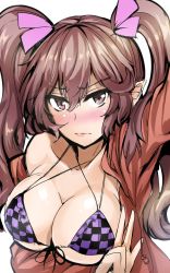 Rule 34 | &gt;:|, 1girl, :|, adapted costume, bikini, blush, breast hold, breasts, brown eyes, brown hair, cleavage, closed mouth, collarbone, criss-cross halter, embarrassed, foreshortening, front-tie bikini top, front-tie top, hair ribbon, halterneck, highres, himekaidou hatate, jacket, large breasts, long hair, looking at viewer, no headwear, nose blush, off shoulder, one-hour drawing challenge, pink ribbon, plaid, plaid bikini, pointy ears, reaching, reaching towards viewer, red jacket, ribbon, selfie, solo, swimsuit, touhou, twintails, upper body, v, v-shaped eyebrows, wavy mouth, white background, y2