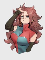 Rule 34 | 1girl, android 21, blue eyes, breasts, checkered clothes, checkered dress, closed mouth, detached sleeves, dragon ball, dragon ball fighterz, dress, earrings, glasses, hoop earrings, jewelry, kemachiku, long hair, medium breasts, red hair, solo, upper body