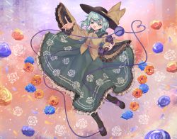 Rule 34 | 1girl, :d, blue flower, blue rose, floral print, flower, frills, full body, green eyes, green hair, heart, heart of string, highres, komeiji koishi, long sleeves, looking at viewer, novadada, open mouth, phone, red flower, red rose, rose, rose print, short hair, smile, solo, touhou, yellow flower, yellow rose