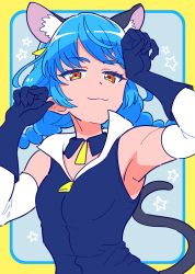 Rule 34 | 1girl, :3, animal ears, armpits, blue background, blue gloves, blue hair, blue jacket, border, braid, cat ears, cat tail, closed mouth, extra ears, gloves, hands up, highres, jacket, layered gloves, looking at viewer, orange eyes, outside border, paw pose, precure, smug, solo, star twinkle precure, tail, twin braids, yellow border, yoban, yuni (precure)
