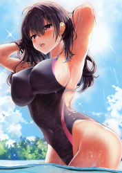 Rule 34 | 1girl, absurdres, armpits, arms behind head, black hair, blue sky, blush, breasts, cloud, competition swimsuit, covered erect nipples, covered navel, hair between eyes, highres, kawai (purplrpouni), large breasts, long hair, one-piece swimsuit, open mouth, original, purple eyes, sideboob, sky, solo, swimsuit, teeth