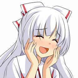 Rule 34 | 1girl, ^ ^, be (o-hoho), blush, bow, closed eyes, closed eyes, female focus, fujiwara no mokou, hair bow, hands on own face, happy, long hair, open mouth, solo, touhou, white background, white hair