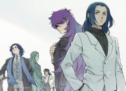 Rule 34 | 5boys, alternate costume, black hair, black jacket, black shirt, blue hair, blue scarf, cane, collared shirt, diting (the legend of luoxiaohei), earrings, fengxi (the legend of luoxiaohei), formal, green hair, grey neckwear, grey vest, guagua sun, hand in pocket, horns, jacket, jewelry, lanxi zhen, laojun (the legend of luoxiaohei), lofter username, long hair, multiple boys, necktie, nezha (the legend of luoxiaohei), pointy ears, profile, purple hair, scarf, shirt, single horn, suit, suspenders, luo xiaohei zhanji, very long hair, vest, white background, wuxian (the legend of luoxiaohei), xuan li (the legend of luoxiaohei)