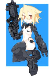 Rule 34 | 1girl, absurdres, android, blonde hair, blue background, breasts, commentary request, full body, gun, hair between eyes, highres, holding, holding gun, holding weapon, joints, looking at viewer, mechanical arms, mechanical legs, navel, open mouth, orange eyes, original, robot girl, robot joints, shimosuke, short hair, simple background, small breasts, solo, weapon
