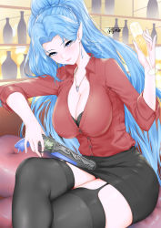 Rule 34 | 1girl, alcohol, bar (place), black bra, black skirt, black thighhighs, blue eyes, blue hair, blush, bra, braid, breasts, champagne flute, cleavage, closed mouth, collared shirt, couch, crossed legs, cup, dress shirt, drinking glass, earrings, garter straps, gun, hair behind ear, handgun, head tilt, high ponytail, highres, holding, holding gun, holding weapon, indoors, jewelry, lace, lace bra, large breasts, long hair, miniskirt, necklace, official art, original, pink lips, pistol, pointy ears, red shirt, shirt, sitting, skirt, sleeves rolled up, thighhighs, thighs, toyoman, underwear, very long hair, weapon