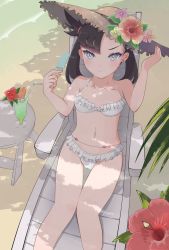 Rule 34 | 1girl, alternate costume, asymmetrical bangs, beach, bikini, black hair, blush, cameltoe, closed mouth, collarbone, commentary request, creatures (company), drinking straw, earrings, eyelashes, flower, food, frilled bikini, frills, fruit, game freak, glass, guunome, hand on headwear, hands up, hat, hat flower, highres, jewelry, knees together feet apart, looking at viewer, marnie (pokemon), navel, nintendo, orange (fruit), orange slice, pokemon, pokemon swsh, red flower, sitting, solo, straw hat, swimsuit, table, twintails, white bikini