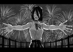 Rule 34 | 1girl, arms up, black shorts, blush, breasts, chainsaw man, choker, eyelashes, fireworks, glowing, glowing eyes, h9r9h9r9, hair between eyes, hair tied, hair tied back, head tilt, highres, letterboxed, long hair, looking at viewer, open mouth, ponytail, railing, rain, reze (chainsaw man), ribbon, shirt, shorts, sleeveless, smile, solo, standing, teeth, tongue, wet, white shirt