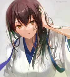 Rule 34 | 1girl, 888myrrh888, blush, breasts, brown eyes, brown hair, grey background, hair between eyes, hair down, japanese clothes, kaga (kancolle), kantai collection, large breasts, long hair, looking at viewer, open mouth, solo, tasuki, twitter username, upper body, wide sleeves
