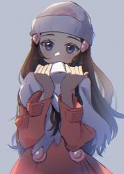 Rule 34 | 1girl, beanie, blush, brown hair, chromatic aberration, coat, cold, commentary request, creatures (company), dawn (pokemon), eyelashes, game freak, grey eyes, hair ornament, hairclip, hands up, hat, head tilt, highres, holding, holding clothes, holding scarf, long hair, long sleeves, looking at viewer, myuuu ay, nintendo, pokemon, pokemon dppt, pokemon platinum, scarf, solo, upper body, white hat, white scarf
