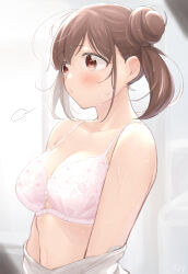 Rule 34 | 1girl, absurdres, blush, bra, breasts, brown hair, cleavage, collarbone, double bun, embroidered bra, hair bun, highres, idolmaster, idolmaster shiny colors, indoors, kijibato 123-gou, large breasts, looking ahead, pink bra, signature, solo, sonoda chiyoko, sweat, twintails, underwear, undressing, upper body