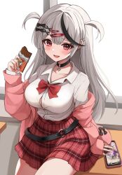 Rule 34 | 1girl, black choker, black hair, blush, bow, bowtie, breasts, cellphone, chocolate, choker, collarbone, collared shirt, food, grey hair, hair ornament, hairclip, highres, holding, holding chocolate, holding food, hololive, large breasts, long hair, long sleeves, looking at viewer, multicolored hair, off shoulder, open mouth, phone, plaid, plaid skirt, red bow, red bowtie, red eyes, sakamata chloe, school uniform, shinonome shino (artist), shirt, sitting, skirt, sleeves past wrists, smartphone, smile, solo, streaked hair, two side up, virtual youtuber, white shirt, x hair ornament