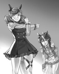 Rule 34 | 2girls, :d, absurdres, animal ears, buttons, closed mouth, double-breasted, dress, gloves, greyscale, highres, horse ears, horse tail, long sleeves, looking at viewer, miniskirt, monochrome, multiple girls, nice nature (umamusume), o-ring, o-ring thigh strap, open mouth, pantyhose, pleated skirt, ruukii drift, shirt, short dress, skirt, smile, stretching, tail, thigh strap, tokai teio (umamusume), twintails, umamusume, v