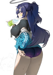 Rule 34 | 1girl, absurdres, ass, ass focus, black skirt, blue archive, blue eyes, blue hair, blue jacket, blush, bottle, breasts, buruma, drink, halo, highres, holding, huge ass, jacket, large breasts, long hair, mitsuki3s kir, sideboob, skirt, star (symbol), sweat, tattoo, thick thighs, thighs, underwear, white background, yuuka (blue archive), yuuka (track) (blue archive)