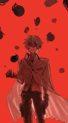 Rule 34 | 1boy, belt buckle, blue eyes, buckle, cape, closed mouth, coppelion, cowboy shot, epaulettes, explosive, expressionless, gloves, grenade, highres, kurosawa haruto, looking at viewer, male focus, necktie, pants, red background, red theme, silver hair, simple background, sleeves rolled up, standing, yoshioka suke