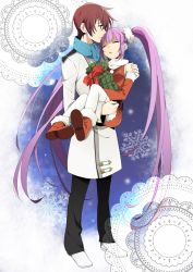 Rule 34 | 1boy, 1girl, alternate costume, asbel lhant, bad id, bad pixiv id, bare shoulders, blue eyes, boots, brown hair, carrying, coat, couple, detached sleeves, closed eyes, fur trim, gift, hetero, long hair, princess carry, purple hair, santa costume, scarf, short hair, skirt, sleeping, sophie (tales), standing, tales of (series), tales of graces, thighhighs, twintails, winter clothes, yuzumame