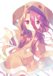 Rule 34 | 1girl, :o, animal hood, black thighhighs, blonde hair, gradient hair, hair between eyes, hood, long hair, long sleeves, looking at viewer, multicolored hair, no game no life, orange hair, outstretched arm, parted lips, pom pom (clothes), red eyes, red hair, robe, shuvi (no game no life), simple background, sleeves past wrists, solo, thighhighs, very long hair, white background, wide sleeves, yuizaki kazuya