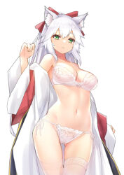 Rule 34 | 1girl, animal ears, body (bacoborn), bow, bow bra, bra, breasts, commentary request, cowboy shot, green eyes, grey hair, hair bow, highres, japanese clothes, kimono, light frown, long hair, long sleeves, looking at viewer, medium breasts, navel, open clothes, open kimono, original, panties, parted lips, red bow, red kimono, side-tie panties, simple background, solo, standing, stomach, string panties, thigh gap, thighhighs, underwear, white background, white bra, white panties, white thighhighs, wide sleeves