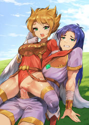 Rule 34 | 1boy, 1girl, blonde hair, blue hair, boots, breath of fire, breath of fire i, capcom, clothed sex, clothing aside, gao (gaolukchup), gloves, green eyes, hetero, highres, leotard, leotard aside, long hair, nina (breath of fire i), open mouth, outdoors, pussy, pussy juice, reverse cowgirl position, ryuu (breath of fire i), sex, sex from behind, short hair, straddling, tears, uncensored, vaginal, wavy mouth, wince, wings