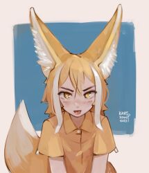 Rule 34 | 1girl, animal ear fluff, animal ears, blonde hair, blue background, blush, brown shirt, closed mouth, collared shirt, crossed bangs, dated, fox ears, fox girl, fox tail, grey background, hair between eyes, highres, kart prowler, looking at viewer, multicolored hair, original, shirt, short sleeves, signature, solo, straight-on, streaked hair, tail, tongue, tongue out, two-tone background, upper body, v-shaped eyebrows, white hair, yellow eyes