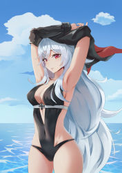 Rule 34 | 1girl, armpits, arms up, azur lane, beach, black one-piece swimsuit, blue sky, breasts, bubble, cleavage, clothing cutout, cloud, commentary request, covered navel, cross, day, gan-viking, graf zeppelin (azur lane), graf zeppelin (beachside urd) (azur lane), groin, hair between eyes, highres, iron cross, jacket, jacket on shoulders, large breasts, leg up, long hair, looking at viewer, messy hair, navel, navel cutout, ocean, off shoulder, one-piece swimsuit, outdoors, outstretched arm, parted lips, red eyes, revision, sideboob, sidelocks, silver hair, sky, solo, standing, swimsuit, taut clothes, taut swimsuit, thighs, undressing, very long hair, wavy hair