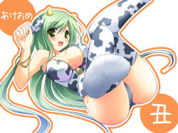 Rule 34 | 1girl, akeome, animal ears, animal print, bell, blush, breasts, cleavage, cow ears, cow print, green eyes, green hair, highres, horns, large breasts, long hair, massan, new year, open mouth, original, smile, solo, thighhighs, very long hair