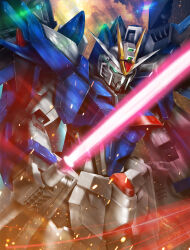 Rule 34 | absurdres, arms at sides, beam saber, commentary request, embers, explosion, eye trail, glowing, glowing eye, green eyes, gundam, gundam seed, gundam seed freedom, highres, holding, holding sword, holding weapon, light trail, mecha, mecha focus, mobile suit, nicobear (user rpsz5355), no humans, rising freedom gundam, robot, science fiction, smoke, solo, sword, upper body, v-fin, weapon