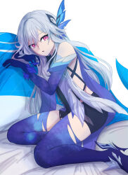 Rule 34 | 1girl, absurdres, bare shoulders, blue thighhighs, commentary request, genshin impact, grey hair, hair ornament, highres, long hair, looking at viewer, parted lips, pink eyes, sigure yusyo, skirk (genshin impact), solo, thighhighs, thighs, very long hair, white background