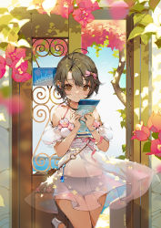Rule 34 | 1girl, against door, ahoge, akizero1510, artist name, bare shoulders, blush, bracelet, brown eyes, brown hair, closed mouth, collarbone, commentary, door, dress, earrings, english commentary, feet out of frame, flower, grey shorts, hair ribbon, heart, highres, holding, jewelry, leg up, looking at viewer, multicolored nails, nail polish, original, pamphlet, pink flower, pink ribbon, ribbon, ring, see-through, short hair, short shorts, short sleeves, shorts, smile, solo, standing, standing on one leg, white dress, white footwear