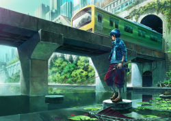 Rule 34 | 1boy, blue hair, cat, fish, fishing rod, jacket, lily pad, male focus, original, oropi, river, sleeves rolled up, solo, standing, train, turtle