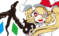 Rule 34 | 1girl, ascot, asymmetrical wings, blonde hair, flandre scarlet, hair over one eye, hat, heart, heart-shaped pupils, kagehito, laevatein, looking at viewer, mob cap, red eyes, short hair, side ponytail, smile, solo focus, symbol-shaped pupils, touhou, wavy hair, weapon, wings