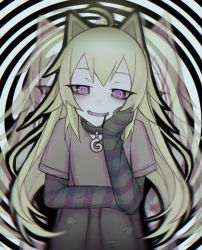 Rule 34 | 1girl, animal ears, arms on knees, black blood, blood, brown shirt, cat ears, colored blood, fang, green hair, hand on own face, hypnosis, long hair, looking at viewer, mind control, narrowed eyes, open mouth, original, pale skin, purple eyes, ro47, shirt, simple background, sitting, solo, striped sleeves