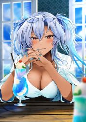 Rule 34 | 1girl, blurry, blurry background, blurry foreground, breasts, brown eyes, cleavage, collared shirt, cup, dark-skinned female, dark skin, drinking glass, drinking straw, elbow rest, elbows on table, eyewear on head, food, fruit, grey hair, hair between eyes, interlocked fingers, kantai collection, large breasts, long hair, musashi (kancolle), nail polish, parted lips, shirt, short sleeves, smile, solo, two side up, white shirt, yunamaro