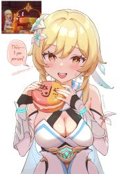 Rule 34 | 1girl, absurdres, blonde hair, blush, breasts, cleavage, dress, english text, feather hair ornament, feathers, flower, food, genshin impact, gloves, hair flower, hair ornament, hands up, highres, holding, holding food, large breasts, lumine (genshin impact), macaron, open mouth, partially fingerless gloves, scar, screenshot inset, short hair, short hair with long locks, sidelocks, simple background, solo, sweat, twitter username, vision (genshin impact), vitashogun, white background, white dress, white flower, yellow eyes