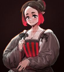 Rule 34 | 1girl, absurdres, black eyes, borrowed character, brown background, closed mouth, corset, dress, eleanor (justadrian), gown, hair bun, highres, looking at viewer, medieval, original, pointy ears, red hair, single hair bun, solo, wass nonnam